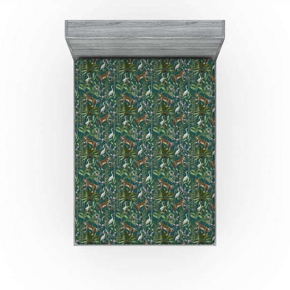 Ambesonne Jungle Animals Fitted Sheet, Tiger Crane Birds, California King, Green Teal and Ginger