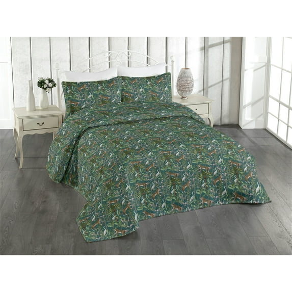 Ambesonne Jungle Animals Quilted Bedspread Set 3 Pcs, Tiger Crane Birds, Queen, Green Teal and Ginger