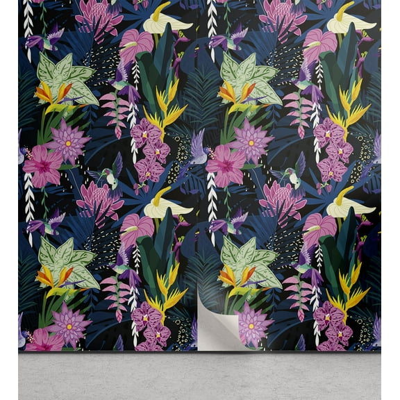 Ambesonne Jungle Art Peel & Stick Wallpaper for Home, Dark Floral Exotics Joy, 13"x36", Petrol Blue Multicolor