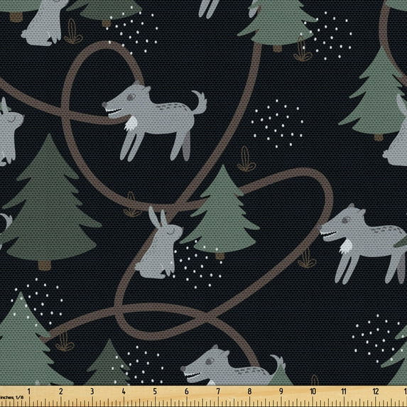 Ambesonne Jungle Babies Fabric by the Yard Upholstery, Rabbits Angry Wolves, 2 Yards, Reseda Green Pale Grey