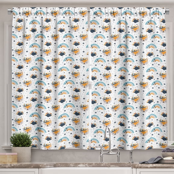Ambesonne Jungle Babies Kitchen Curtains, Foxes Sleep Rainbow, 55"x30", Orange Pale Slate Blue