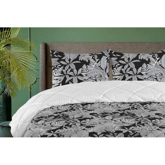 Ambesonne Jungle Boho Down Alternative Quilt Comforter, Monochrome Leaves Print, Full, Charcoal Grey and Pale Grey