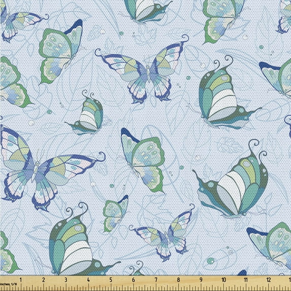 Ambesonne Jungle Boho Fabric by the Yard Upholstery, Exotic Moth Pattern Art, 5 Yards, Pale Azure Blue Teal