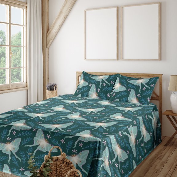 Ambesonne Jungle Boho Fitted & Flat Sheet with Shams 4 Pcs Set, Dreamy Butterfly Modern, Queen, Almond Green Petrol Blue