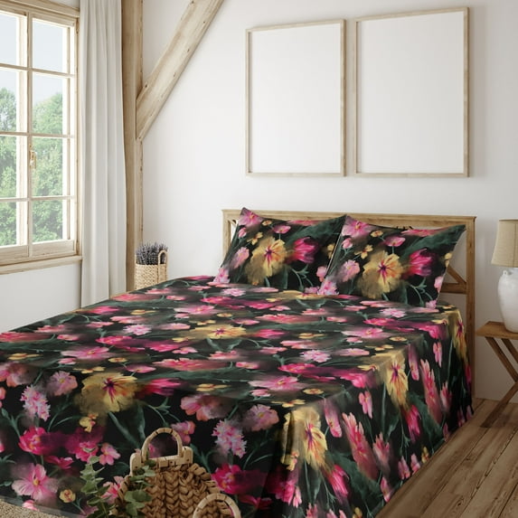 Ambesonne Jungle Boho Fitted & Flat Sheet with Shams 4 Pcs Set, Flowers Garden Blooms, Full, Pale Yellow and Hot Pink
