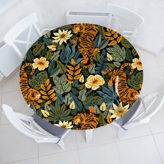 Ambesonne Jungle Boho Fitted Round Tablecloth, Tiger and Flora Patter, 40"- 44" Diameter, Peacock Green Apricot