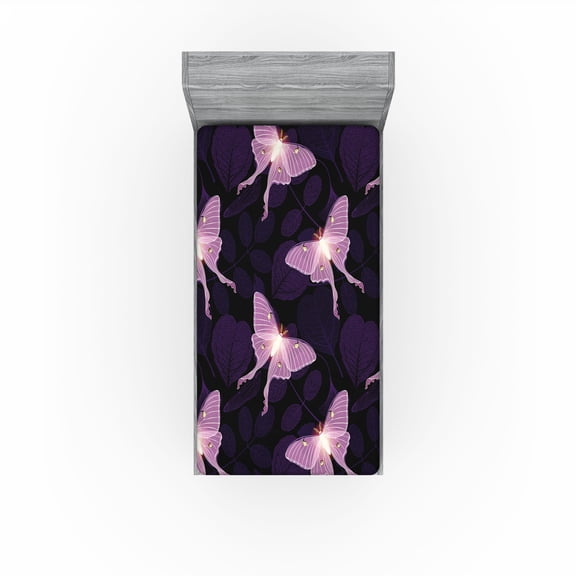 Ambesonne Jungle Boho Fitted Sheet, Butterfly Modern Exotic, Twin Size, Pale Lilac Dark Purple
