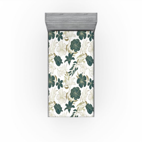 Ambesonne Jungle Boho Fitted Sheet, Hibiscus Rose Flowers, Twin Size, Hunter Green Slate Brown