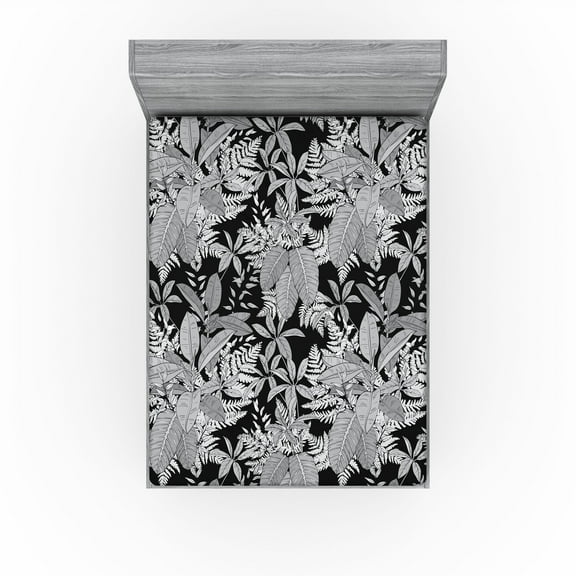 Ambesonne Jungle Boho Fitted Sheet, Monochrome Leaves Print, Full Size, Charcoal Grey and Pale Grey