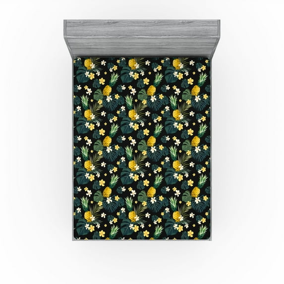 Ambesonne Jungle Boho Fitted Sheet, Monstera Leaves Flowers, Queen Size, Sea Blue Mustard