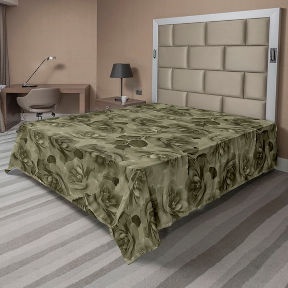 Ambesonne Jungle Boho Flat Bedding Sheet Soft Top Sheet, Garden Scene Flowers, King, Olive Green and Reseda Green