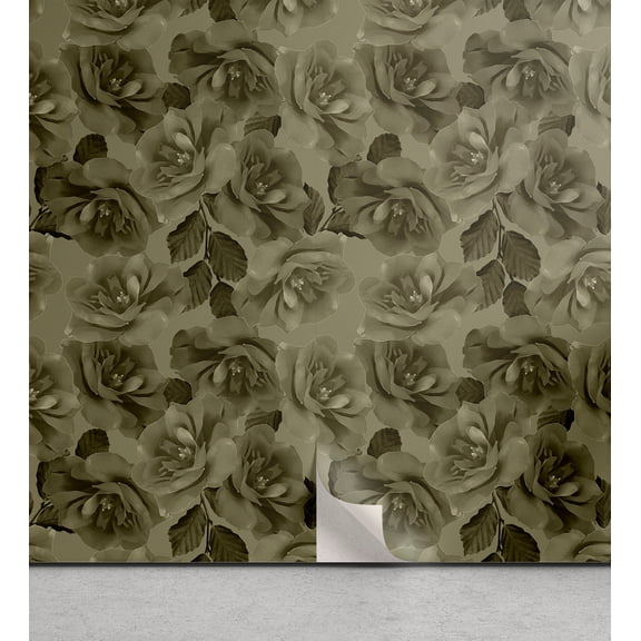 Ambesonne, Jungle Boho Peel & Stick Wallpaper for Home, Garden Scene Flowers, 13"x72", Olive Green and Reseda Green