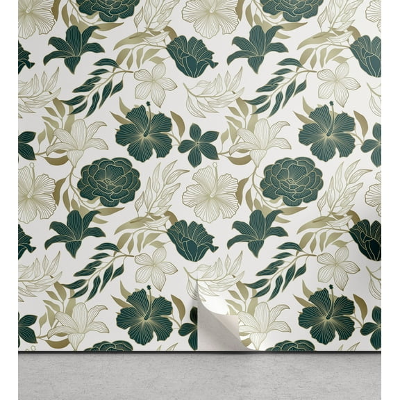 Ambesonne, Jungle Boho Peel & Stick Wallpaper for Home, Hibiscus Rose Flowers, 13"x36", Hunter Green Slate Brown