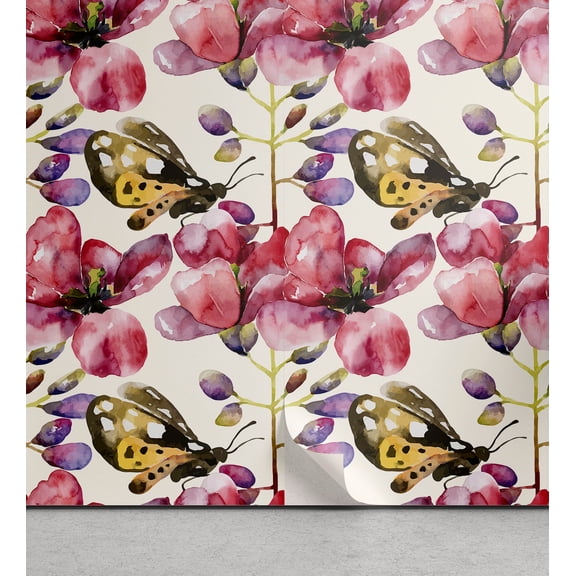 Ambesonne Jungle Boho Peel & Stick Wallpaper for Home, Spring Violets Moth Art, 13"x36", Pale Earth Yellow and Ruby