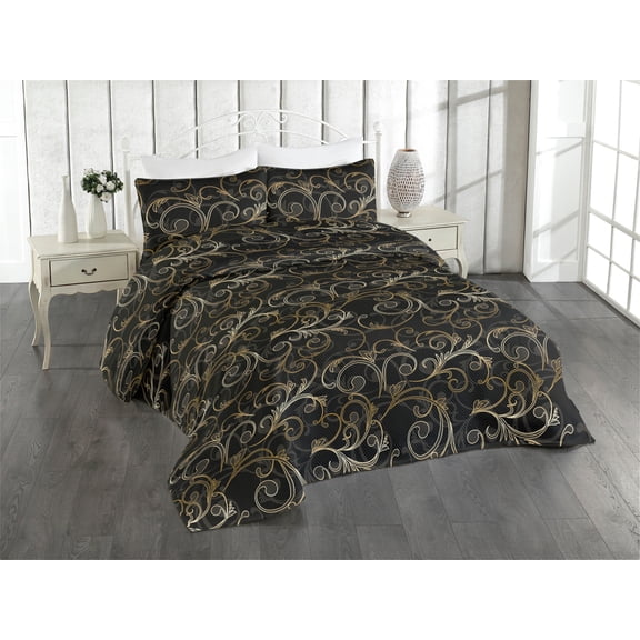 Ambesonne Jungle Boho Quilted Bedspread Set 3 Pcs, Curlicue Forest Leaves, King, Dark Blue Grey Amber