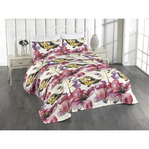 Ambesonne Jungle Boho Quilted Bedspread Set 3 Pcs, Spring Violets Moth Art, Queen, Pale Earth Yellow and Ruby