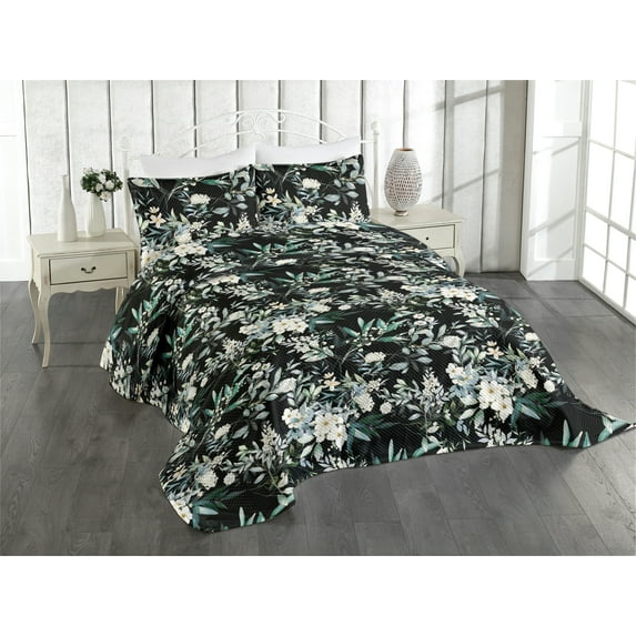 Ambesonne Jungle Boho Quilted Coverlet 2 Pcs, Jungle Realistic Floral, Twin Size, Forest Green Off White