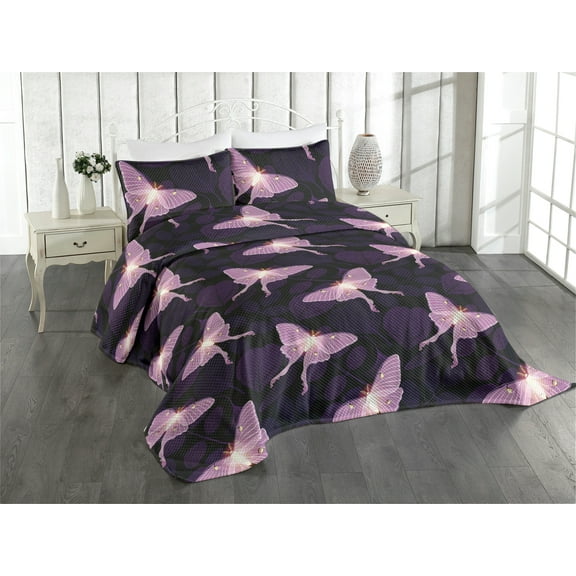 Ambesonne Jungle Boho Quilted Coverlet 3 Pcs, Butterfly Modern Exotic, King Size, Pale Lilac Dark Purple