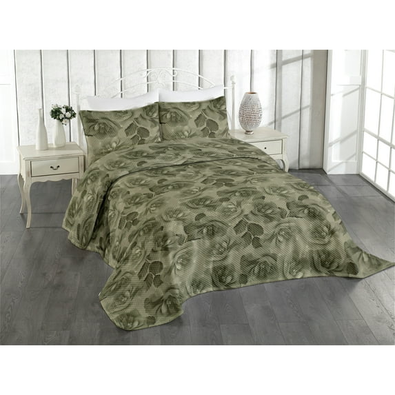 Ambesonne Jungle Boho Quilted Coverlet 3 Pcs, Garden Scene Flowers, King Size, Olive Green and Reseda Green