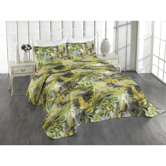 Ambesonne Jungle Boho Quilted Coverlet 3 Pcs, Leafy Scene Neutral Art, Queen Size, Yellow Green Apple Green