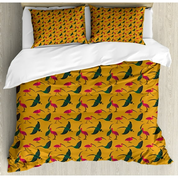 Ambesonne Jungle Cartoon Duvet Cover Set, Folk Ornate Birds, 2-Calking, Amber Hot Pink Emerald