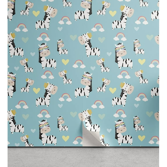 Ambesonne Jungle Cartoon Peel & Stick Wallpaper for Home, Cheerful Zebra Heart, 13"x36", Pale Sky Blue Multicolor