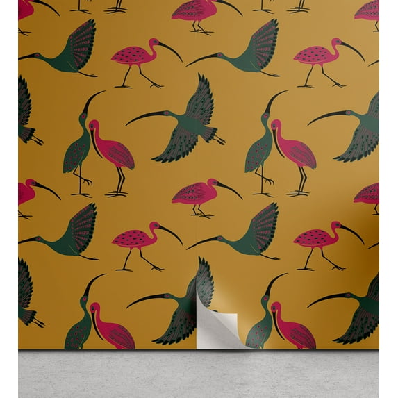 Ambesonne Jungle Cartoon Peel & Stick Wallpaper for Home, Folk Ornate Birds, 13"x72", Amber Hot Pink Emerald