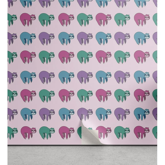 Ambesonne Jungle Cartoon Peel & Stick Wallpaper for Home, Funny Exotic Sloth, 13"x100", Pale Pink Multicolor