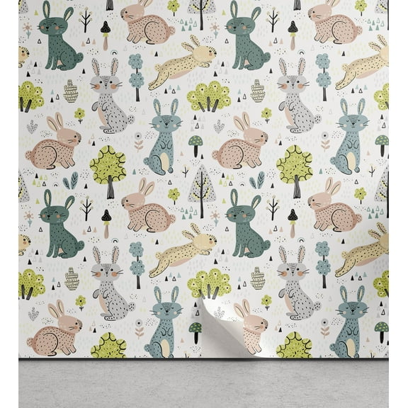Ambesonne Jungle Cartoon Peel & Stick Wallpaper for Home, Funny Pastel Bunnies, 13"x72", Multicolor