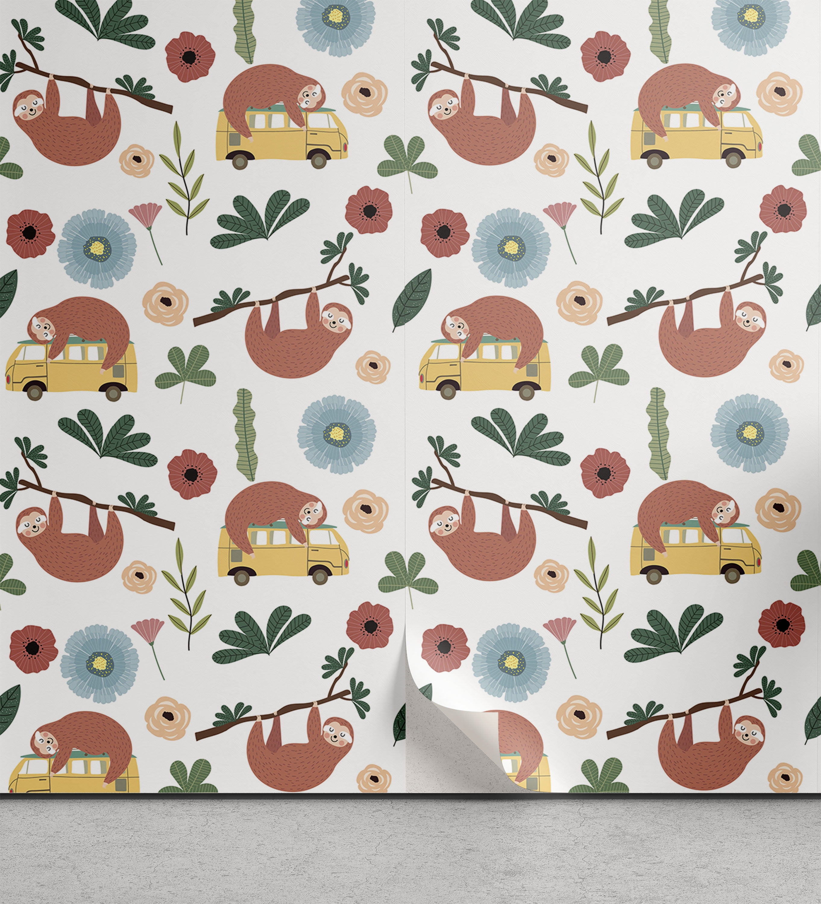 Ambesonne Jungle Cartoon Peel & Stick Wallpaper for Home, Sloth on Bus ...