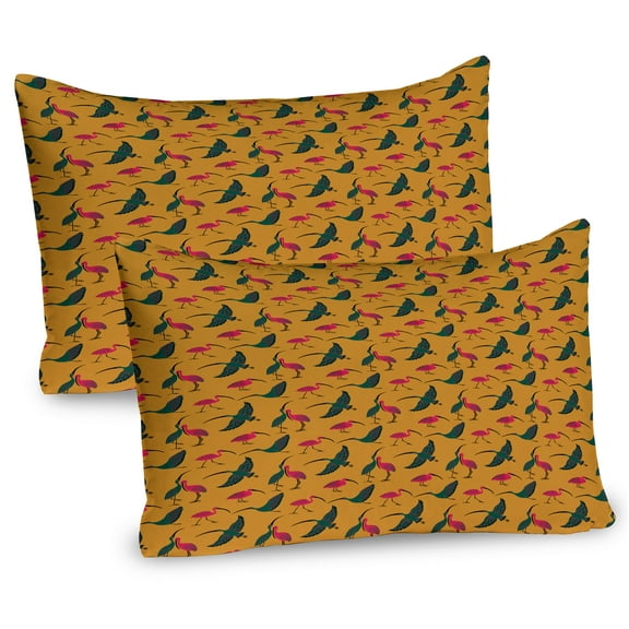 Ambesonne Jungle Cartoon Pillow Sham 2 Pack, Folk Ornate Birds, 26"x20", Amber Hot Pink Emerald
