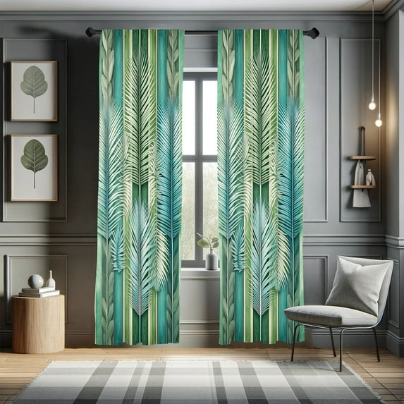 Ambesonne Jungle Curtains 2 Panel Set, Tropical Leaves on Stripes, Pair of - 28" x 95", Teal Green and Dark Seafoam