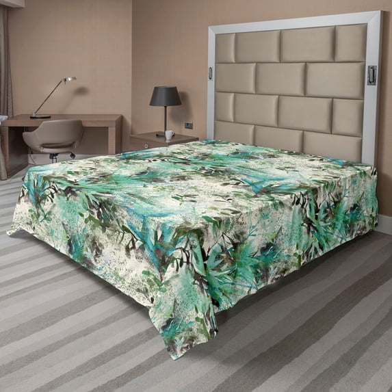 Ambesonne Jungle Design Flat Bedding Sheet Soft Top Sheet, Greenery Grunge Leaf, Full, Sea Green Cream Sea Blue