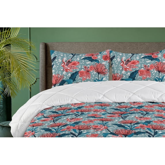 Ambesonne Jungle Down Alternative Quilt Comforter, Nature Flower Leaves Dots, King, Cadet Blue and Coral