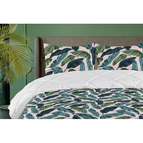 Ambesonne Jungle Down Alternative Quilt Comforter, Tropical Hawaii Exotic Print, Full, Pale Rose Green Dark Teal