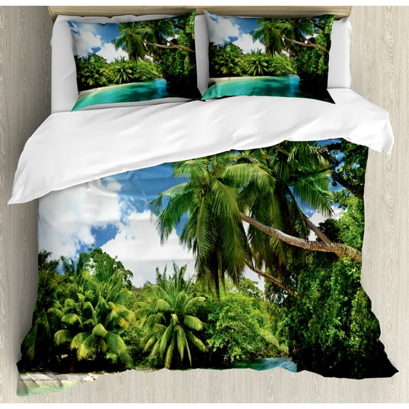 Ambesonne Jungle Duvet Cover Set, Mahe Island Lake Palms, Calking, Aqua Green White