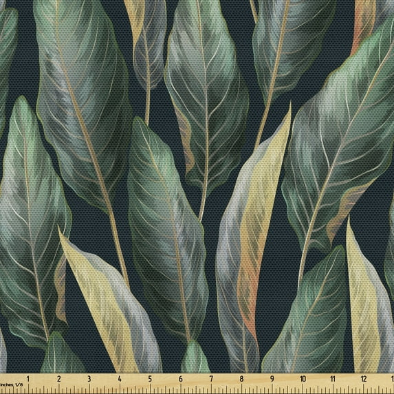 Ambesonne Jungle Fabric by the Yard Upholstery, Exotic Forest Leafy Print, 2 Yards, Dark Teal Forest Green