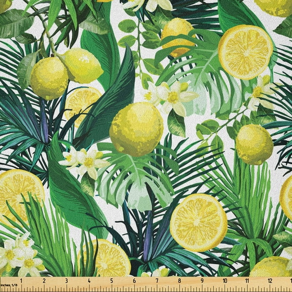 Ambesonne Jungle Fabric by the Yard Microfiber, Exotic Plants Green Leaf, 5 Yards, Yellow Forest Green