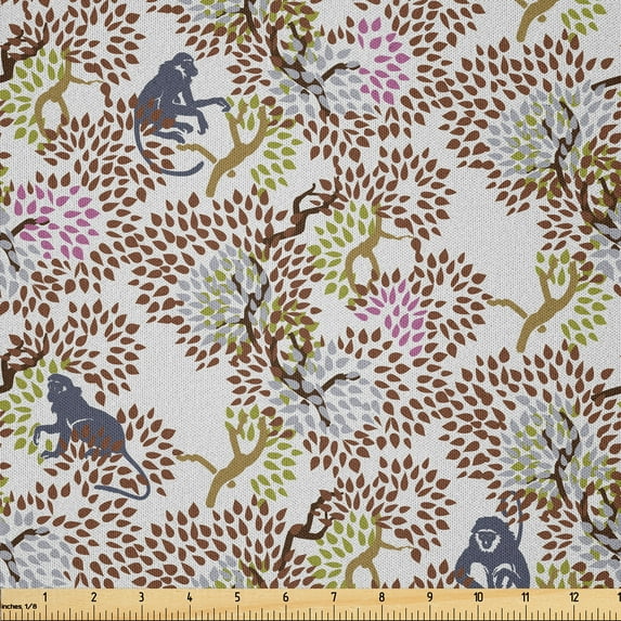 Ambesonne Jungle Fabric by the Yard Microfiber, Monkey on Abstract Trees, 2 Yards, Pale Taupe Multicolor