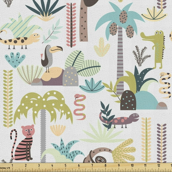 Ambesonne Jungle Fabric by the Yard Upholstery, Tropic Forest Animals, 3 Yards, Multicolor