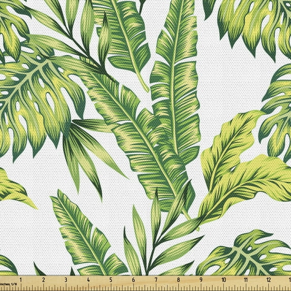 Ambesonne Jungle Fabric by the Yard Upholstery, Vintage Tropical Palm Leaf, 5 Yards, Fern Green Lime