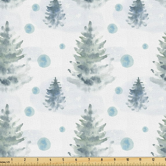 Ambesonne Jungle Fabric by the Yard Upholstery, Winter Themed Snowy Forest, 3 Yards, Sea Blue Cadet Blue and Ivory