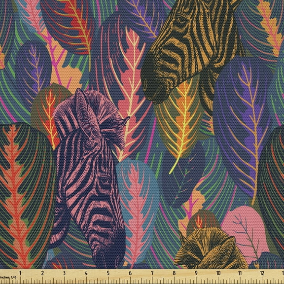 Ambesonne Jungle Fabric by the Yard Upholstery, Zebra with Tropical Leaves, 2 Yards, Coral Multicolor