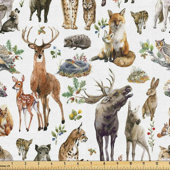 Ambesonne Jungle Fabric by the Yard Upholstery, Wild Nature Deer Tiger Fox, 1 Yard, White Pale Cinnamon