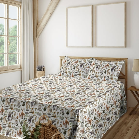 Ambesonne Jungle Fitted & Flat Sheet with Sham 3 Pcs Set, Wild Nature Deer Tiger Fox, Twin XL, White Pale Cinnamon