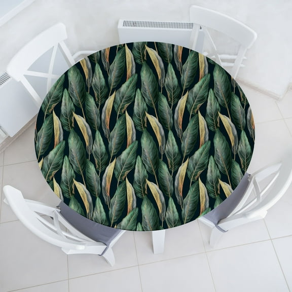 Ambesonne Jungle Fitted Round Tablecloth, Exotic Forest Leafy Print, 56"- 60" Diameter, Dark Teal Forest Green
