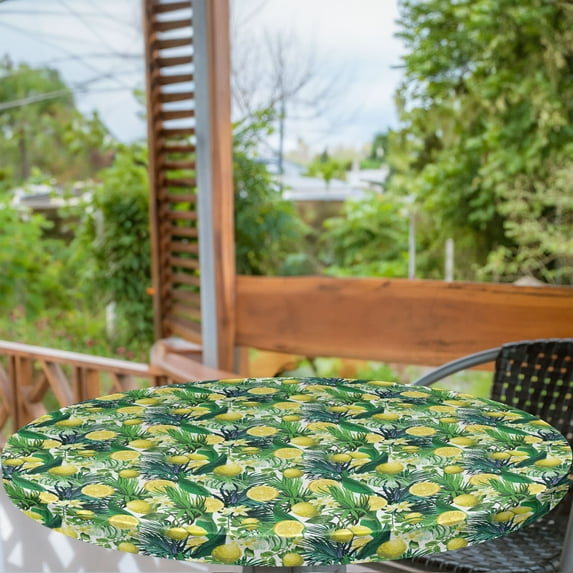 Ambesonne Jungle Fitted Round Tablecloth, Exotic Plants Green Leaf, 36"- 40" Diameter, Yellow Forest Green
