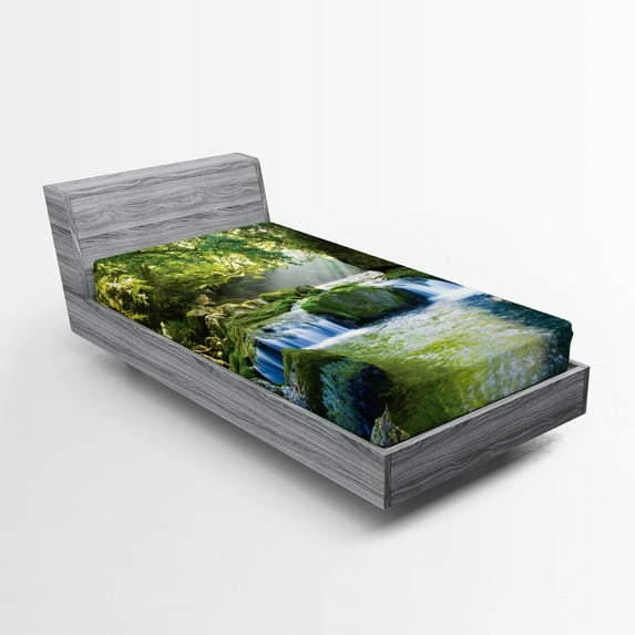 Ambesonne Jungle Fitted Sheet 2 Pcs Set, Foliage Misty Mountains, Twin, Yellow Green Blue