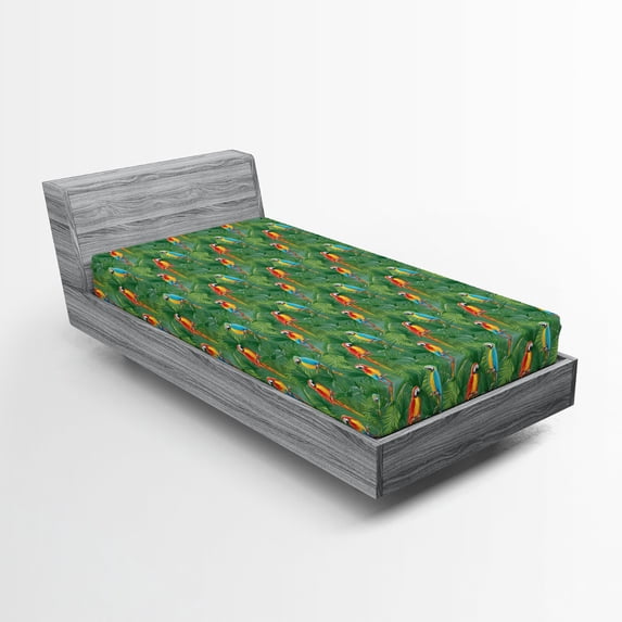 Ambesonne Jungle Fitted Sheet 2 Pcs Set, Rainforest with Parrot Birds, Twin, Multicolor