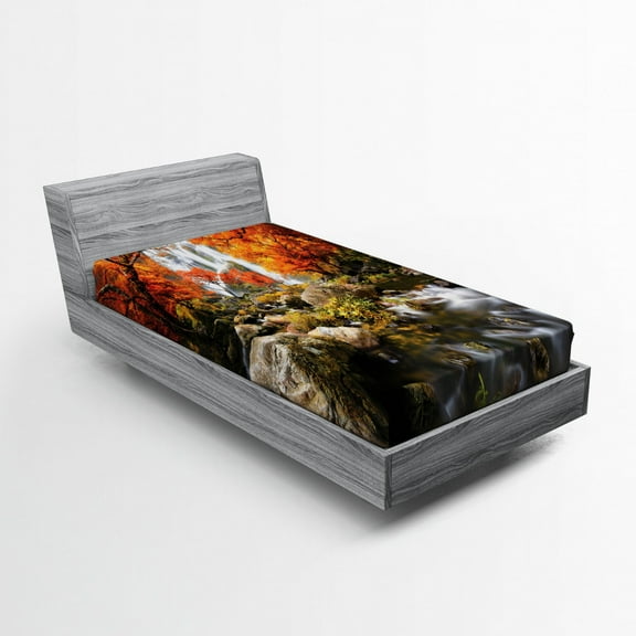 Ambesonne Jungle Fitted Sheet, Autumn River Stream on Rocks, Twin XL Size, Brown Orange